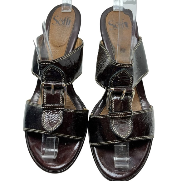 SOFFT Genuine Leather Cork Wedge Patent Slides Heels Sandals Open Toe Shoes sz 9 - Picture 3 of 16